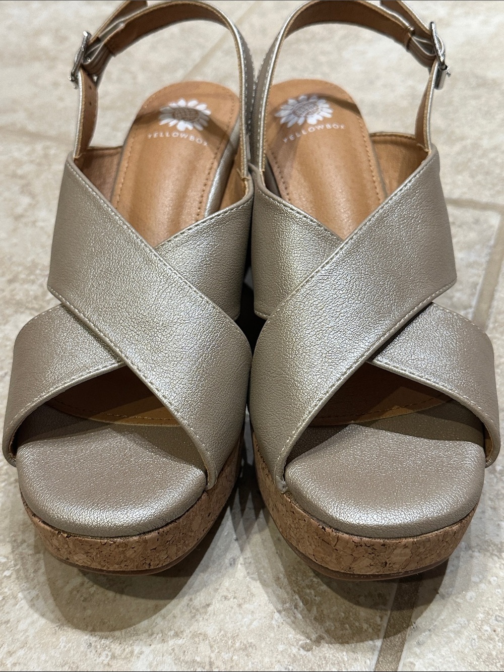 NWOT Yellow Box Metallic Taupe Cork Platform Wedges - Picture 7 of 9